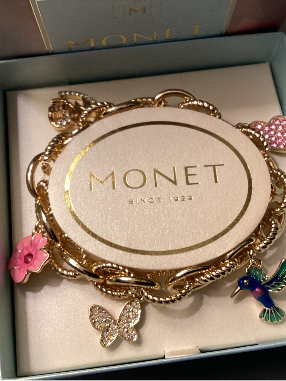 Monet Gold-Tone Charm Bracelet with Pink Enamel Flowers & Multicolor Charms NWT